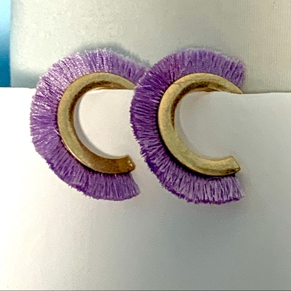 Purple Fringe Matte Gold Hoop Boho Earrings - Picture 7 of 7